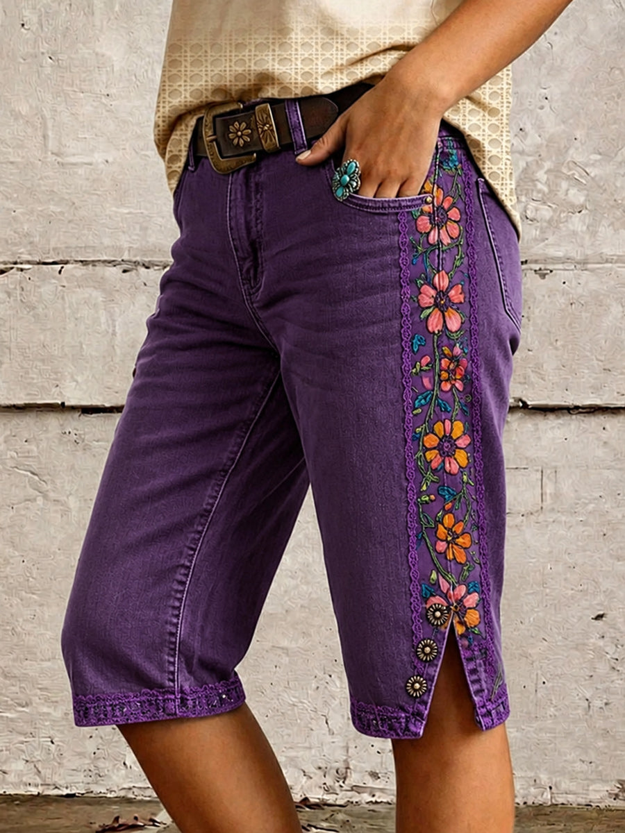 Retro Style Floral Art Print Vintage Casual Denim Shorts
